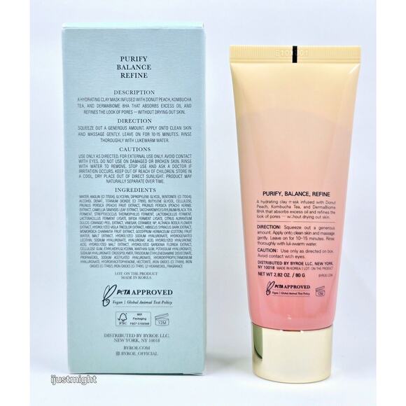Byroe Peach Kombucha Tea Purifying Clay Mask 2.82oz./80g Full Size New In Box - Picture 2 of 5